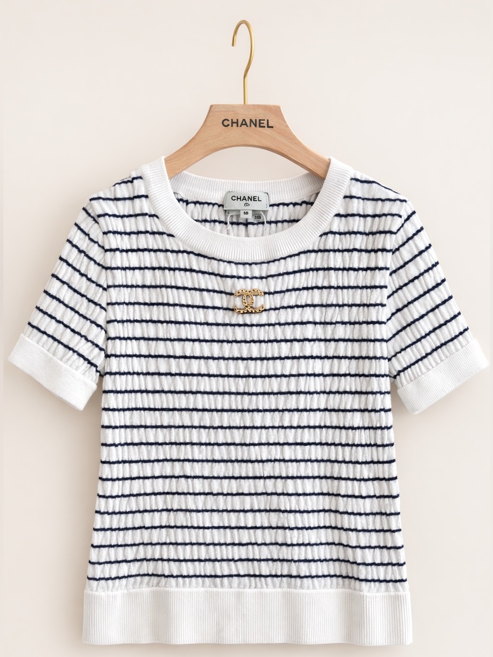 Chanel double c embellished  White & Navy Striped Short Sleeve Knit Top size med